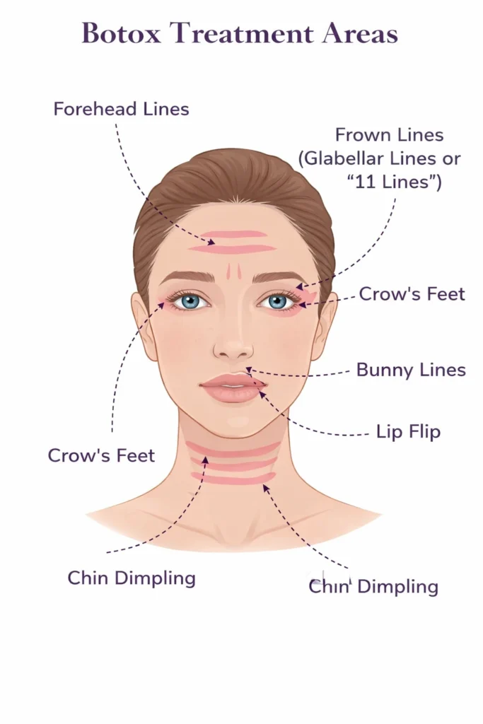 Diagram showing common Botox treatment areas including forehead lines, frown lines, crow’s feet, bunny lines, lip flip, chin dimpling, and neck bands
