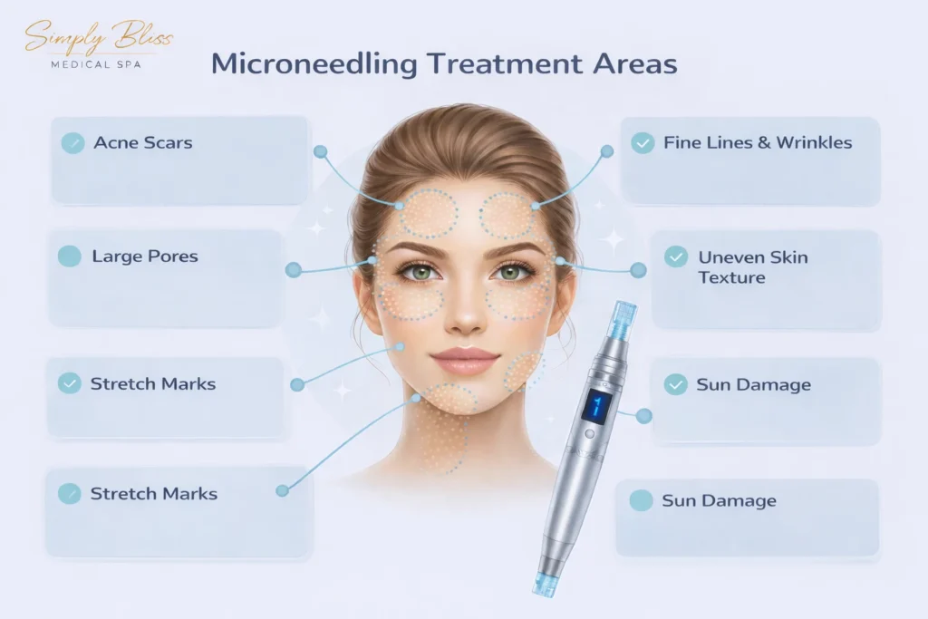 Diagram showing common microneedling treatment areas on the face including forehead, cheeks, chin, and under-eye areas to improve acne scars, fine lines, and skin texture