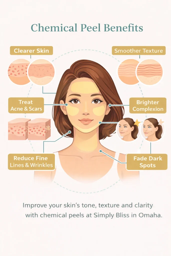 Chemical peel treatment benefits including brighter skin, reduced wrinkles, improved texture, and acne scar treatment at Simply Bliss Medical Spa Omaha