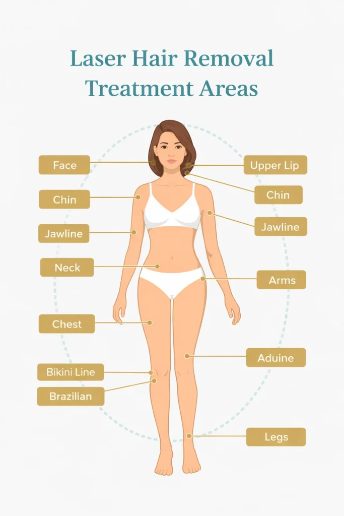 Laser hair removal treatment areas including face, underarms, bikini line, legs, and arms infographic